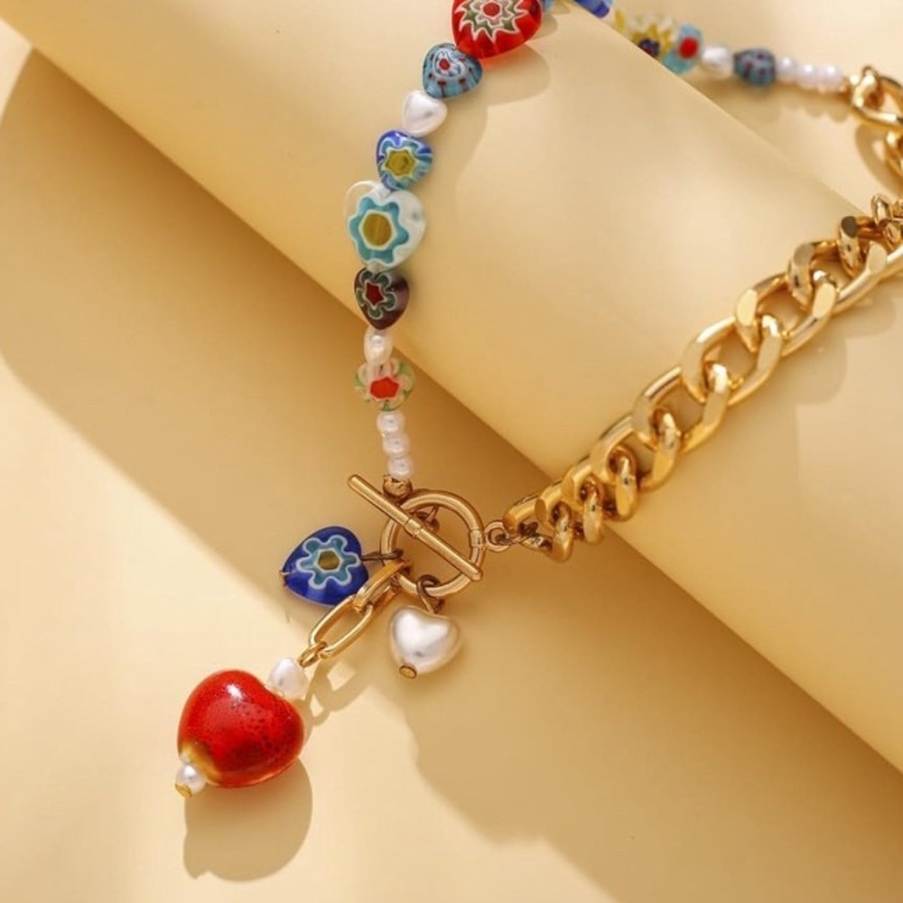 Colorful Gold Chunky Chain Heart Pendant Boho Evil Eye Necklace - Picture 4 of 6